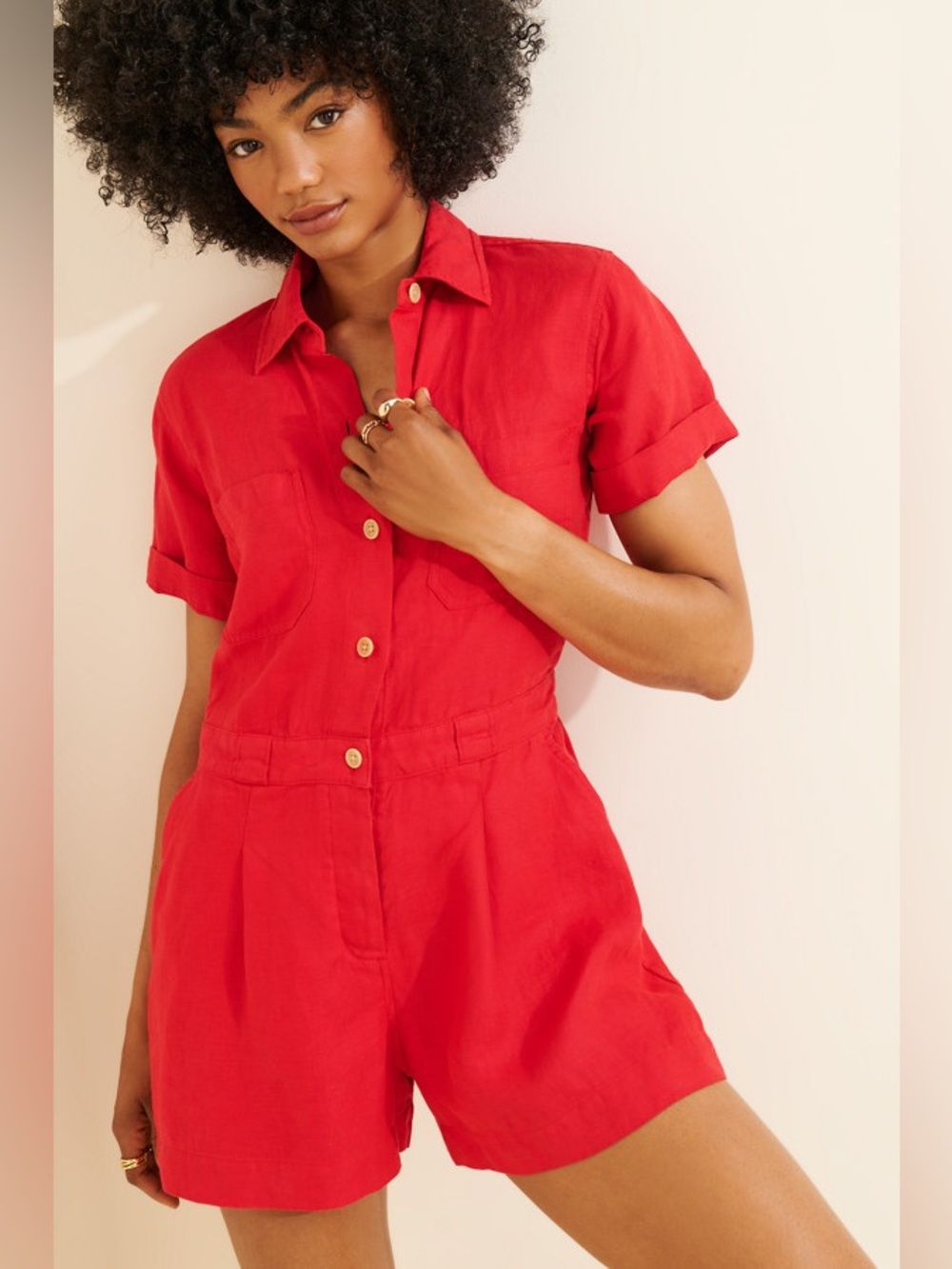 Alex Mill Cassie Linen Collard Romper Red Medium